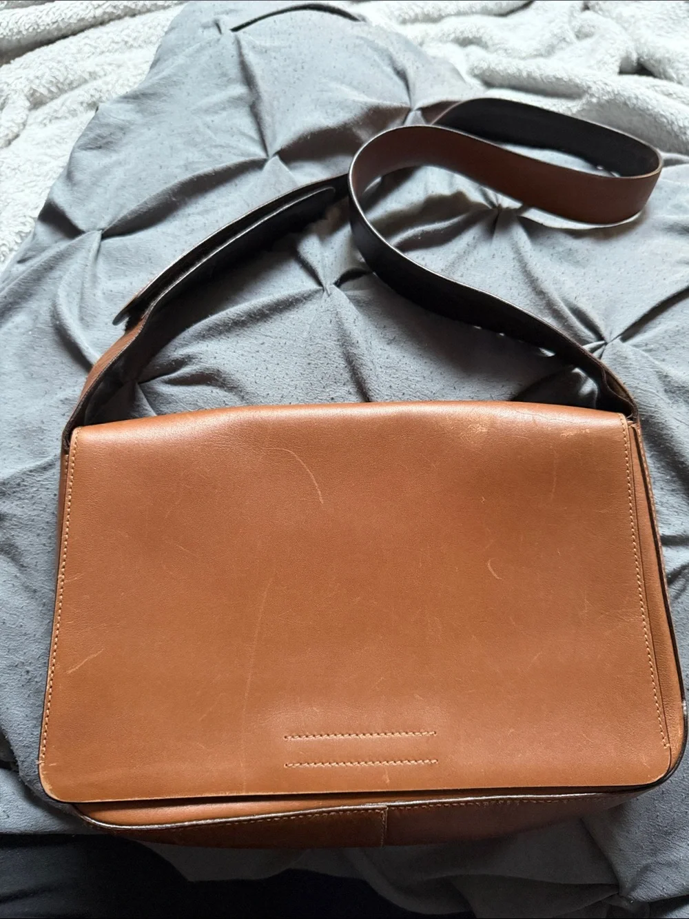 PRADA Tan Leather Messenger Bag with Wide Shoulder Strap